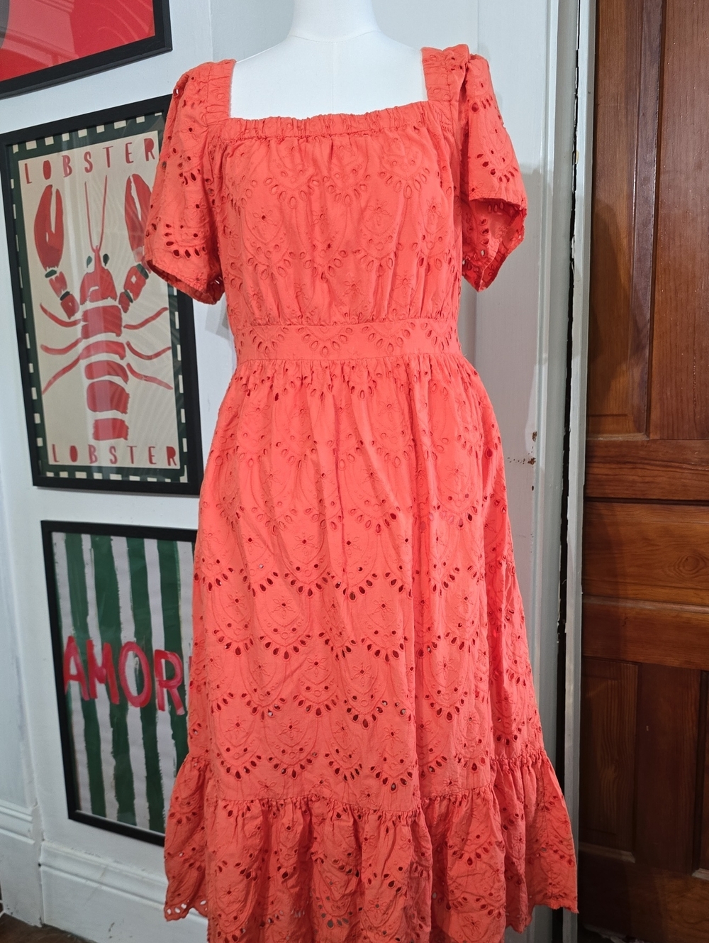Coral Eyelet Square-Neck Midi Dress - Unknown Brand